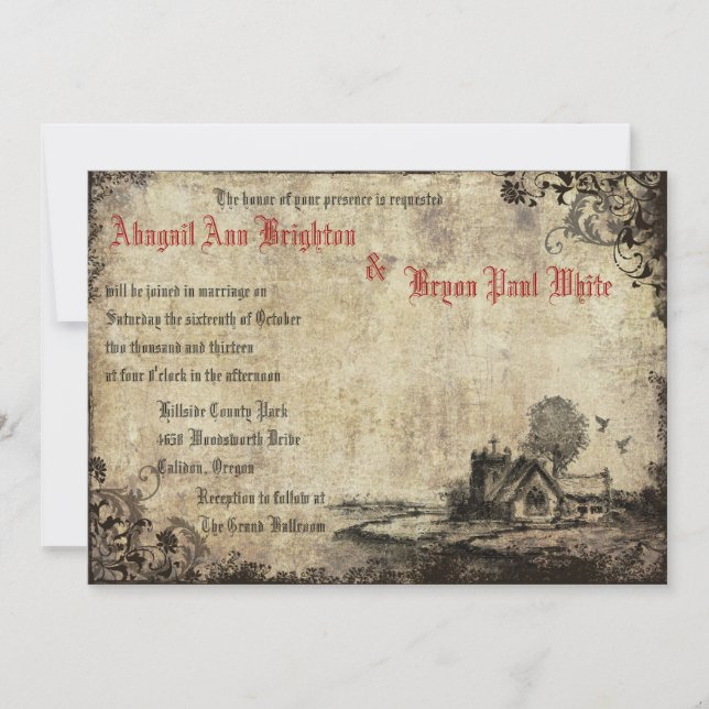 Convites Vintage Church Red Casamento vintage (Frente)