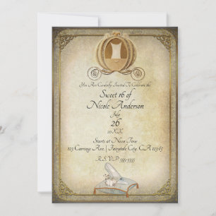 Convites Vintage Cinderella Carruagem e Slipper Sweet 16