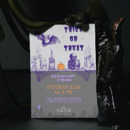 Convites Vintage Cinza Laranja Roxo Doodle Halloween