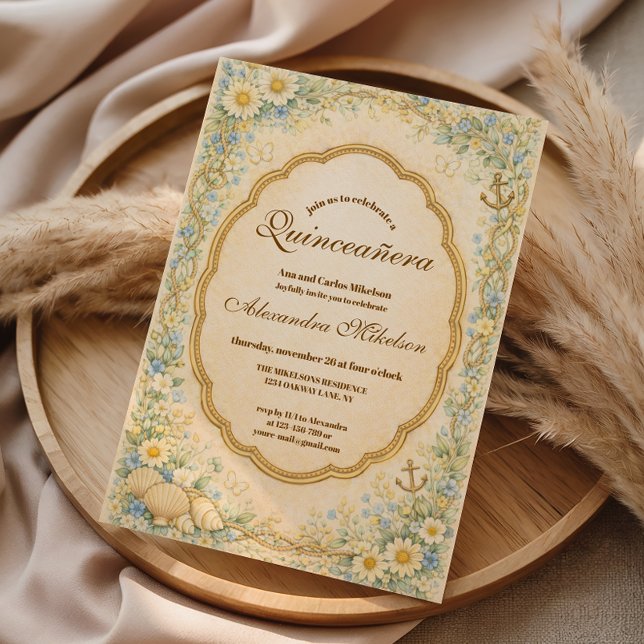 Convites Vintage Coastal Daisy Quinceañera (Criador carregado)