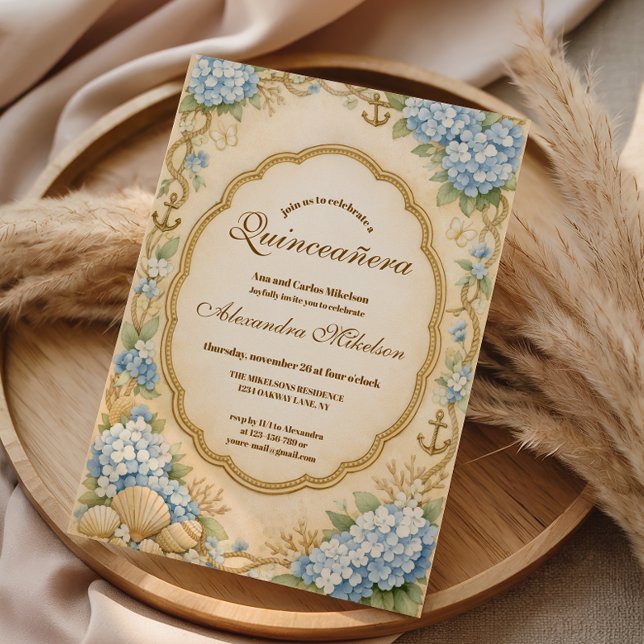 Convites Vintage Coastal Hydrangea Quinceañera (Criador carregado)