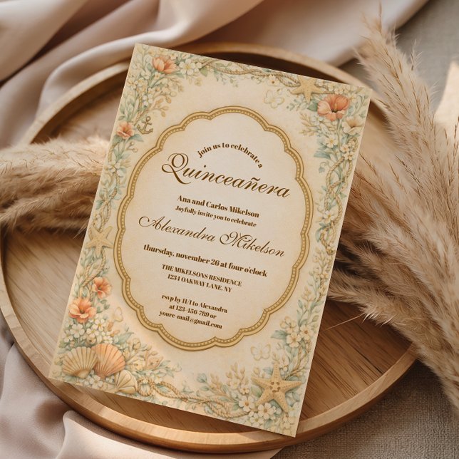 Convites Vintage Coastal Seashell Quinceañera (Criador carregado)