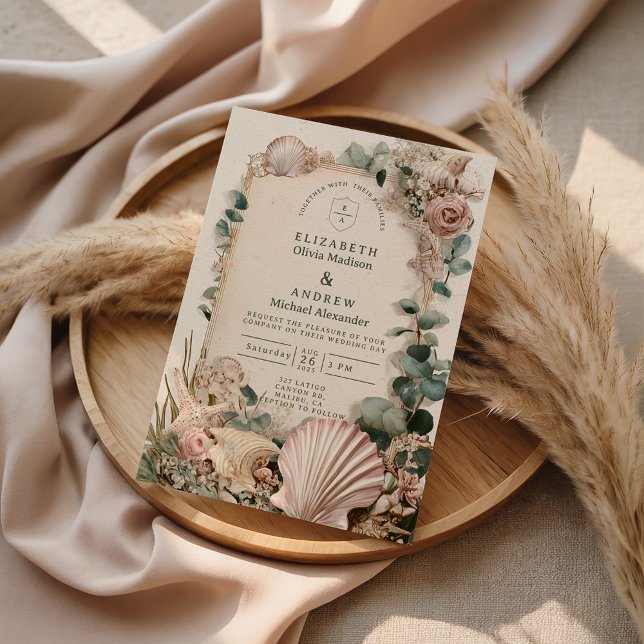 Convites Vintage Coastal Shell Romance Wedding (Criador carregado)