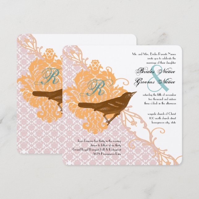 Convites Vintage Coral Rosa Mint Love Bird Casamento tema d (Frente/Verso)