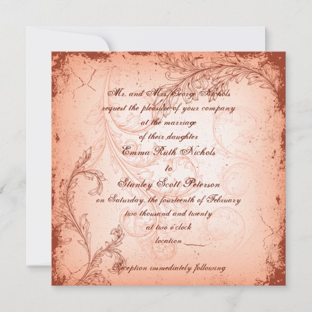 Convites Vintage coral scroll folha floresce casamento (Frente)
