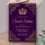 Convites Vintage Coroa Dourada Roxa Doce Dezesseis<br><div class="desc">Incêndio aos seus convidados com este tema real, doce convite de dezesseis, com uma elegante fronteira de ornamentado de ouro e uma bela coroa. Basta adicionar os detalhes do seu evento neste modelo fácil de usar para torná-lo um convite de tipo único. Sacudir a placa para revelar um lindo padrão...</div>