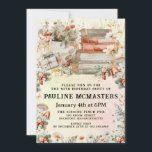 Convites Vintage Cottagecore Book Lover aniversário de 40 a<br><div class="desc">O chá de cor d'água e os elementos de design de cottagecore da cor de água doce criam uma víbora vintage para um convite para aniversário de 40 anos. O bule e a pilha de livros estão rodeados por plantas de morango, cogumelos e flores silvestres. Há uma camada de fundo...</div>