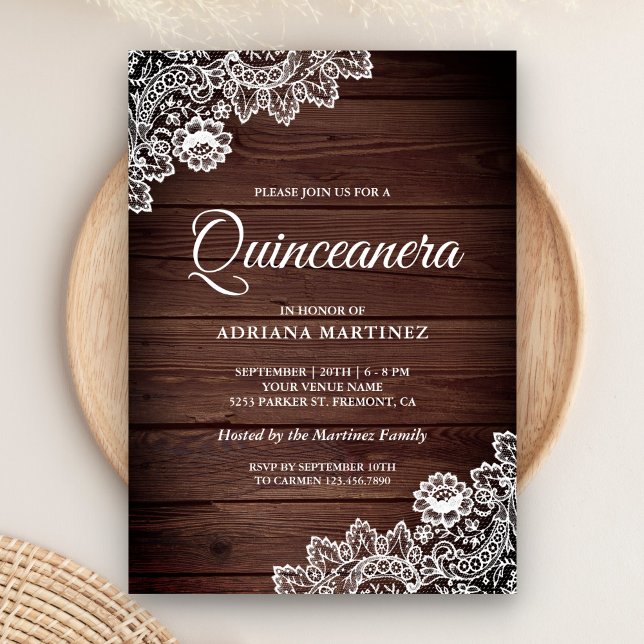 Convites Vintage Country Rustic Wood Lace Quinceanera (Criador carregado)