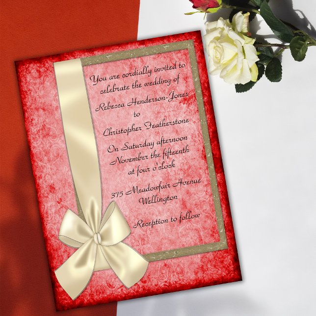 Convites Vintage Cream Ribbon and Red Wedings Invtions (Criador carregado)