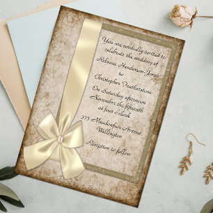 Convites Vintage Cream Ribbon e Brown Wedding Invitations.