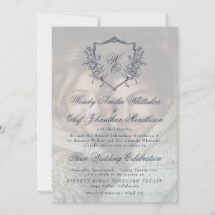 Convites Vintage Crest Cream & Marinho Overlay Casamento de
