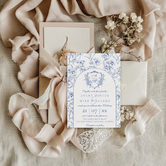Convites Vintage Crest Dusty Blue Floral Casamento