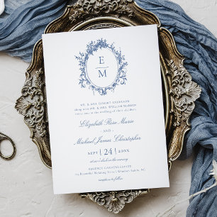 Convites Vintage Crest Monograma Blue Casamento Botânico