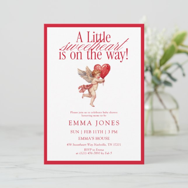 Convites Vintage Cupid Sweetheart Baby Shower (Em pé/Frente)