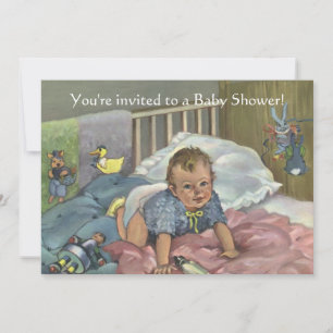 Convites Vintage Cute Baby in Crib with Toys Chá de fraldas