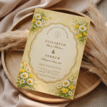 Convites Vintage Daisy Garden Wedding<br><div class="desc">A delicate vintage wedding design inspired by romantic countryside gardens. Soft watercolor daisies and yellow wildflowers bloom in the corners around an elegant scalloped frame, set against a warm parchment background with antique botanical charm. The gentle floral details and classic typography create a timeless garden aesthetic, perfect for couples planning...</div>