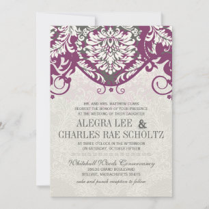Convites Vintage Damask Cinza e Plum Modern Typografia