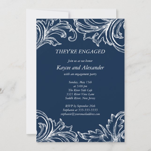 Convites Vintage Damask Noivado Invitations Marinho Azul (Frente)