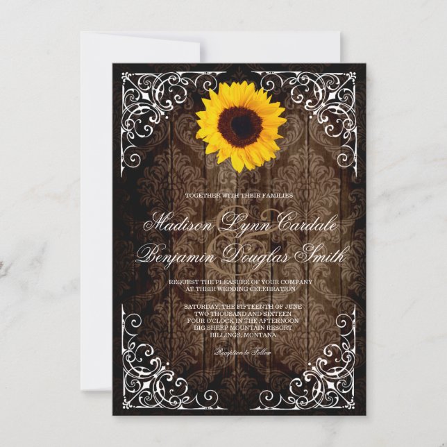 Convites Vintage Damask Sunflower Rustic Weditation (Frente)