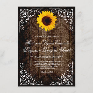 Convites Vintage Damask Sunflower Rustic Weditation