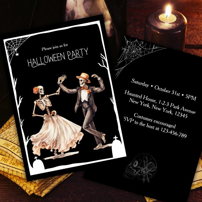 Convites Vintage Dancing Skeleton Adulto Festa de Halloween (Classy Vintage Adult Halloween Party Invitation. Dancing skeleton, costumes and cocktails. )