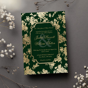 Convites Vintage Dark Green Floral Dourado Casamento