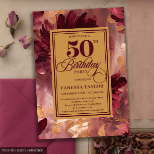 Convites Vintage deep red blush gold floral 50º aniversário