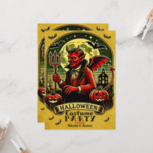 Convites Vintage Devil in Graveyard Yellow Halloween Party