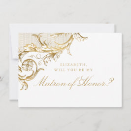 Convites Vintage Dourada Floral Damask White Matron of Hono