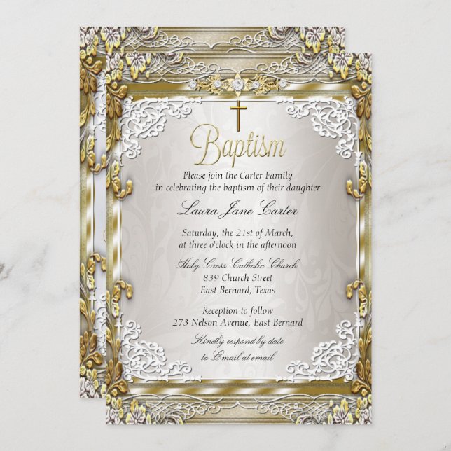 Convites Vintage Dourado Beige Damask Cross Baptism Foto (Frente/Verso)