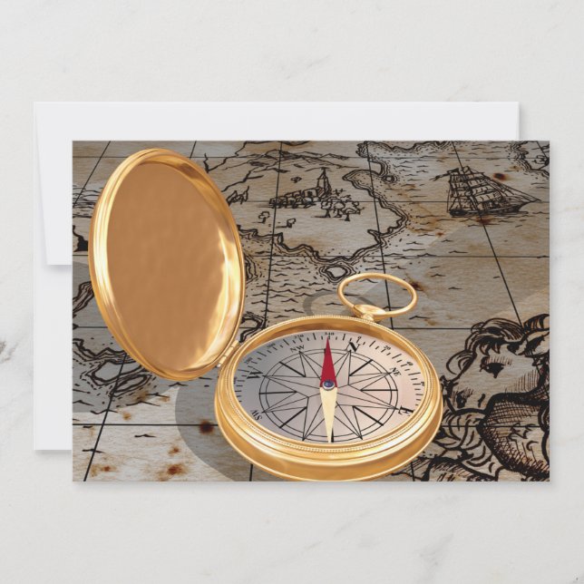 Convites Vintage Dourado Compass on Antique Pirate Map (Frente)