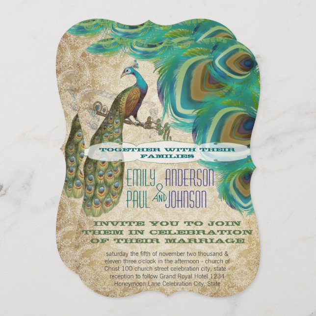 Convites Vintage Dourado Damask Peacock Vintage 4 Feenas (Frente/Verso)