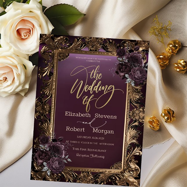 Convites Vintage Dourado Frame Burgundy Rosas Casamento (Criador carregado)