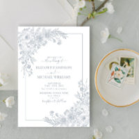 Vintage Dusty Blue Floral Line Art Casamento