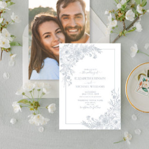 Convites Vintage Dusty Blue Floral Line Art Casamento Fotog