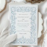 Convites Vintage Dusty Blue Ornamentado Weding Scrollwork<br><div class="desc">Este belamente feito convite para o casamento apresenta um fundo de marfim macio adornado com intrincado e empoeirado trabalho azul para um eterno, visual de vintage. A frente da carta apresenta os detalhes do casamento enquadrados por escrolagem ornamental detalhada, oferecendo um toque luxuoso e elegante. A delicada serif complementa a...</div>
