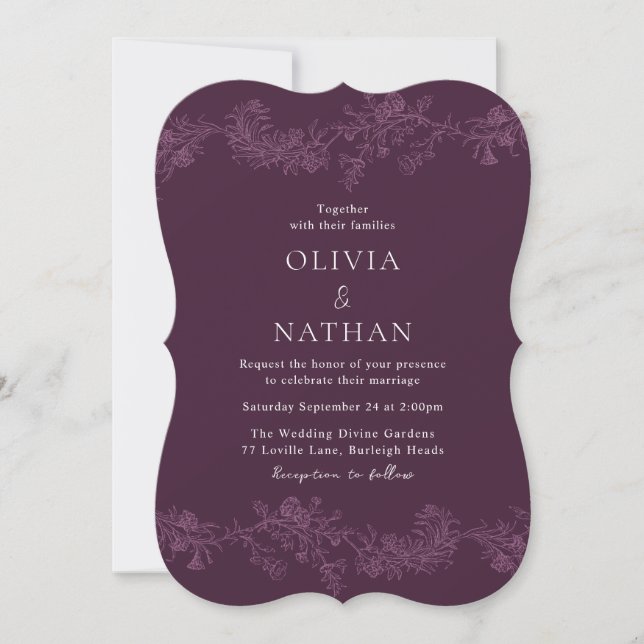 Convites Vintage Dusty Rosa & Plum Wedding (Frente)
