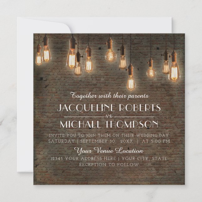 Convites Vintage Edison Lights Industrial Warehouse Brick (Frente)