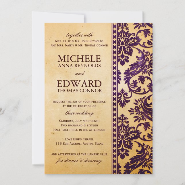 Convites Vintage EggPlant Damask Lace Wedding (Frente)