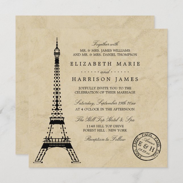 Convites Vintage Eiffel Tower Paris Postmark Wedding (Frente/Verso)