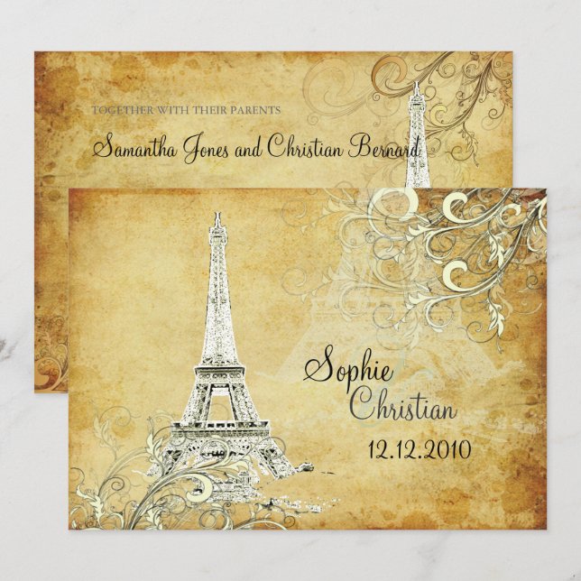 CONVITES VINTAGE EIFFEL TOWER/VANILLA SWIRLS (Frente/Verso)