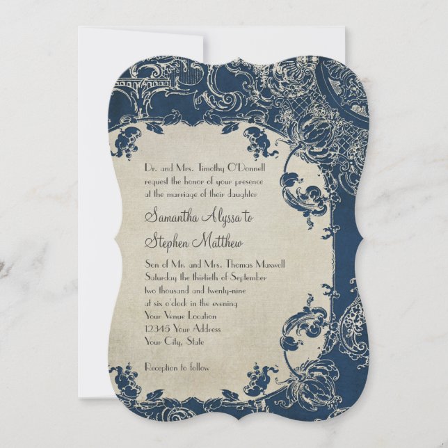 Convites Vintage Elegance Wedding Toile Floral Damask (Frente)