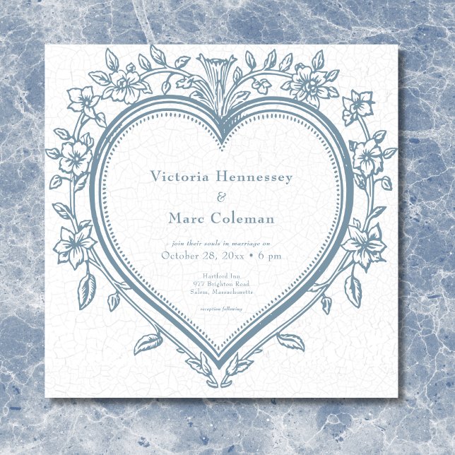 Convites Vintage Elegant Chinoiserie Blue Heart Wedt (Vintage Elegant Chinoiserie Blue Heart Wedding Invitation)