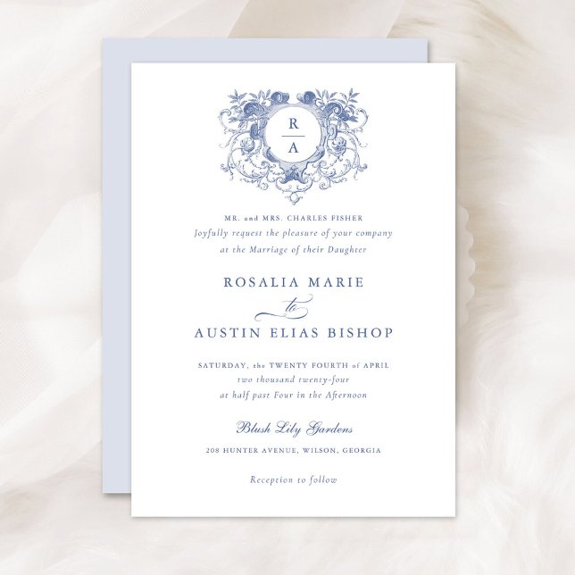 Convites Vintage Elegant Floral Crest Monograma Casamento (Criador carregado)