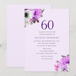 Convites Vintage Elegant Purple Flower 60th Birthday Invite