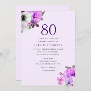 Convites Vintage Elegant Purple Flower 80 Birthday Invite