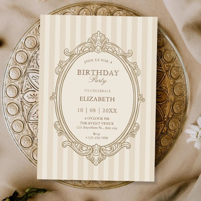 Convites Vintage elegant soft beige birthday (Criador carregado)