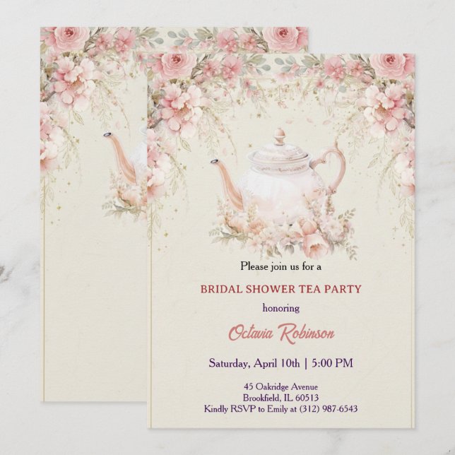 Convites Vintage Elegant Tea Party Bridal Shower Invitation (Frente/Verso)