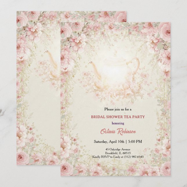 Convites Vintage Elegant Tea Party Bridal Shower Invitation (Frente/Verso)