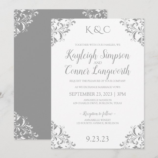 Convites Vintage Elegant Weditation | CINZAS (Frente/Verso)
